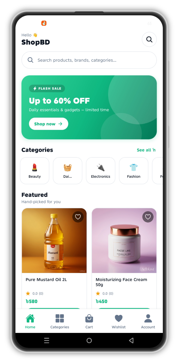 ShopBD Android app home screen — search, flash sale banner, categories, featured products